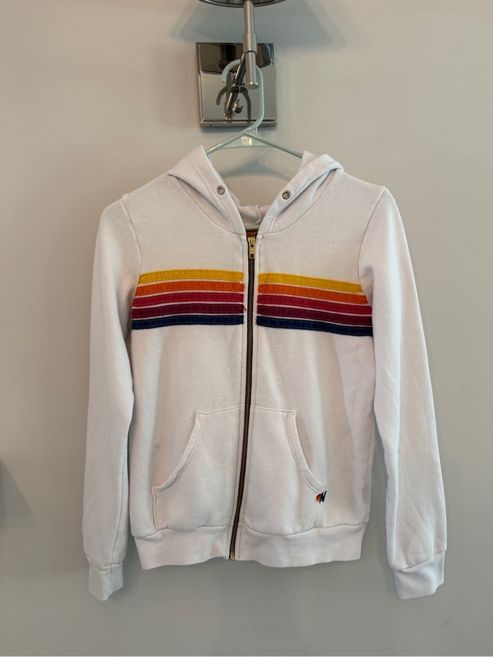 Aviator Nation Kids White Zip Hoodie with Yellow, Red & Navy Stripes
